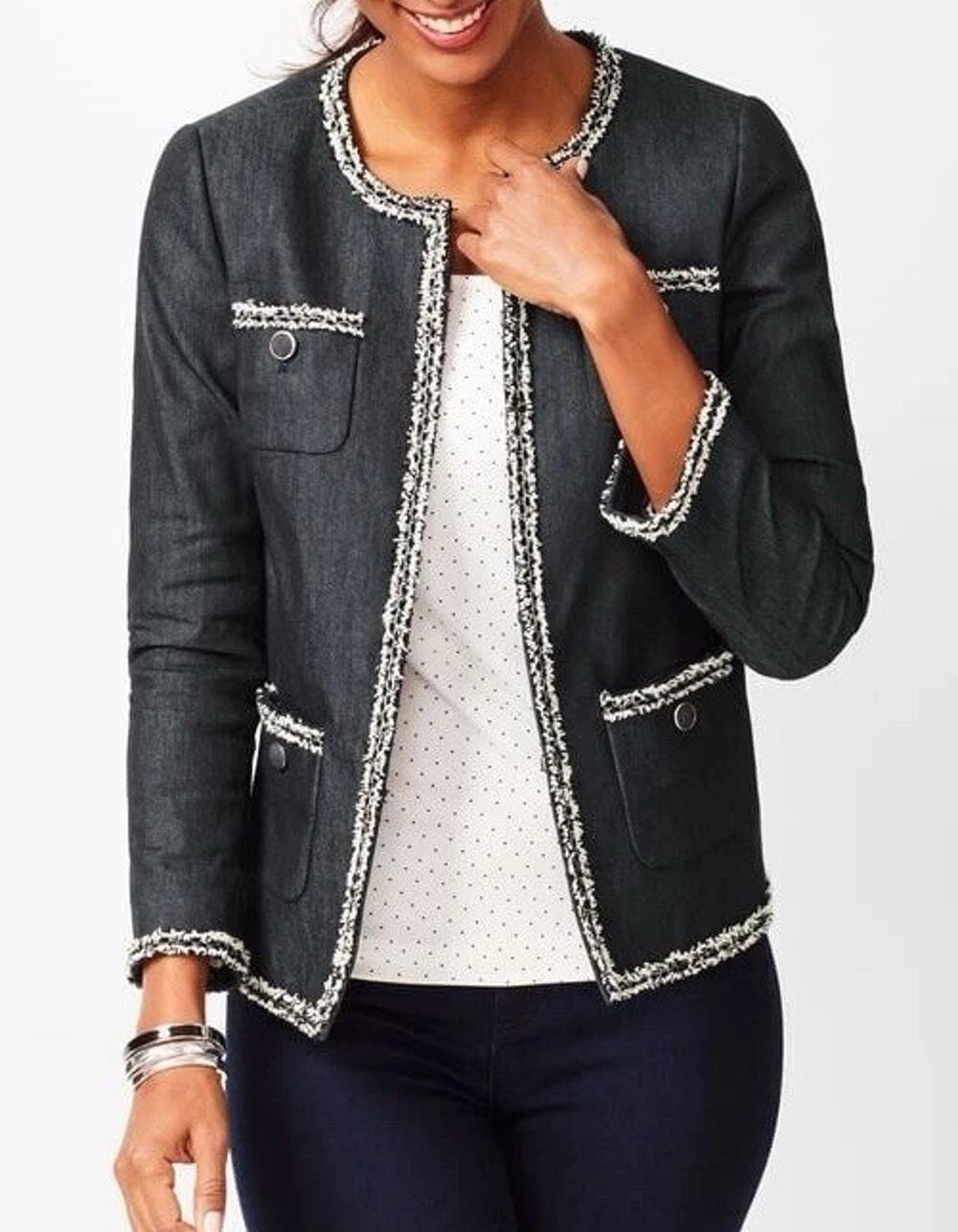 Talbots Black Gray Blazer Lady Jacket Tweed Fringe Trim 6 Pockets Denim Look